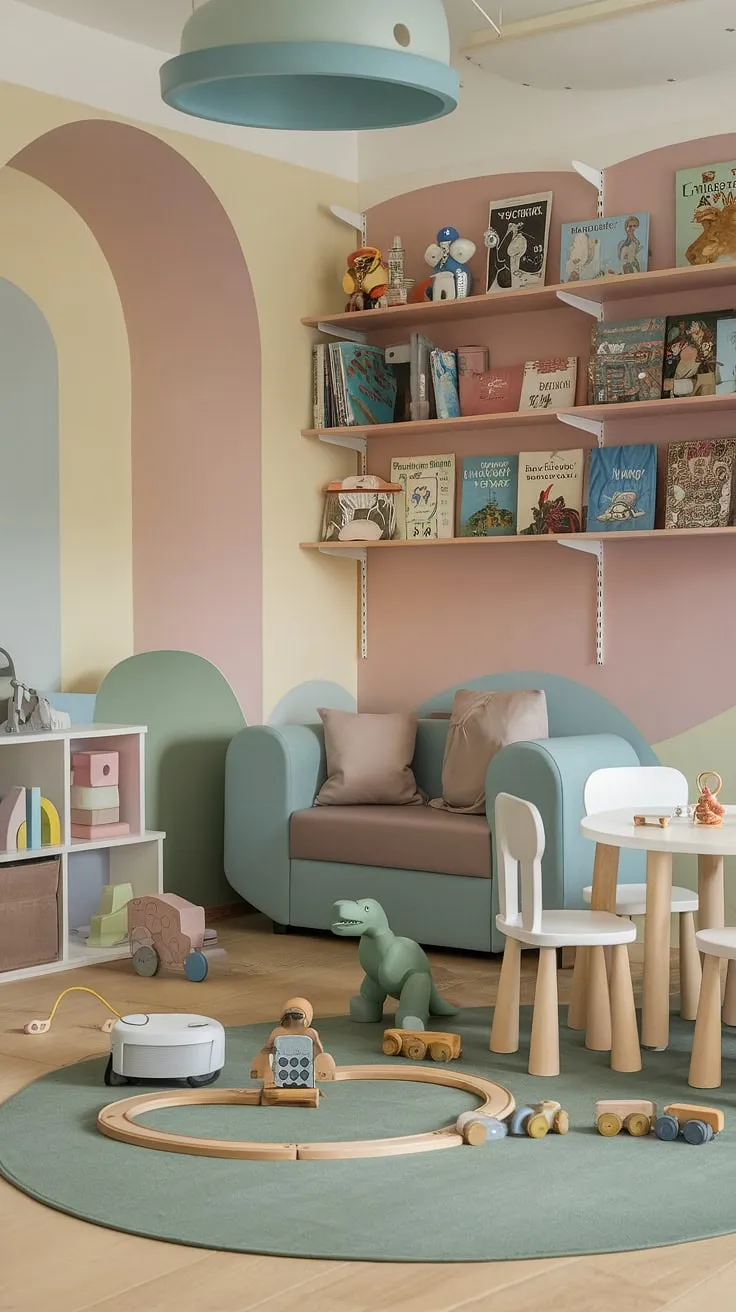 A dream come true for any child aged 5-8! This children's playroom ideas showcase a modern kids playroom that's both stylish and functional.  The carefully curated space, a perfect blend of family living room playroom and dedicated kids rumpus room, features a calming color scheme and plenty of room for imaginative play.  Get inspired by this modern playroom design and discover endless playroom ideas for your own little ones.  This interior design playroom is the epitome of kids playroom inspiration.