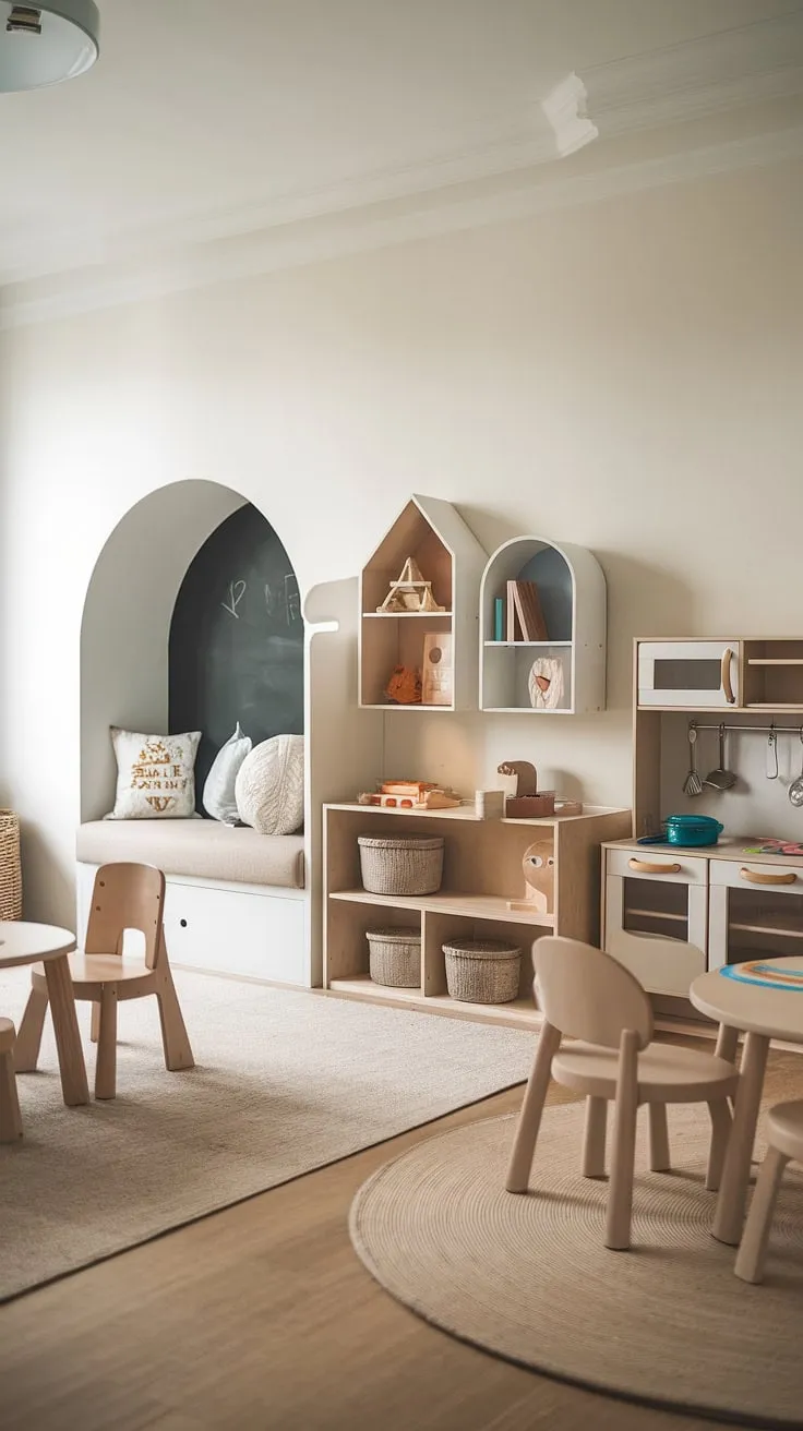 A haven of creativity and family connection: this modern kids playroom (for ages 5-8) is a masterclass in interior design playroom concepts.  From the cozy reading nook to the interactive play kitchen and chalkboard wall, every detail inspires imaginative play.  This family living room playroom offers practical playroom ideas and kids playroom inspiration, proving that a modern playroom design can be both stylish and child-friendly.  It's the ultimate kids rumpus room.