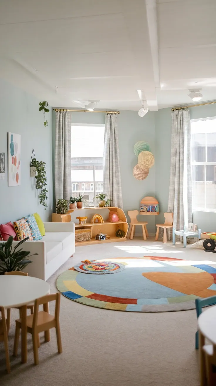 This modern kids playroom, perfect for ages 5-8, seamlessly blends family living room functionality with dedicated playtime space.  Clever interior design playroom ideas, like the colorful cushions and curated toy shelf, create a vibrant yet calming atmosphere.  Get inspired by this kids rumpus room and discover more playroom ideas for your own children's playroom.