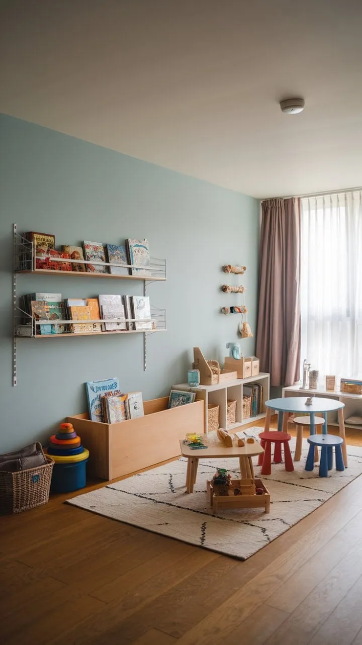 This serene playroom, with its soft blue walls and natural wood flooring, invites creativity and exploration, making it a perfect backdrop for cherished childhood memories.