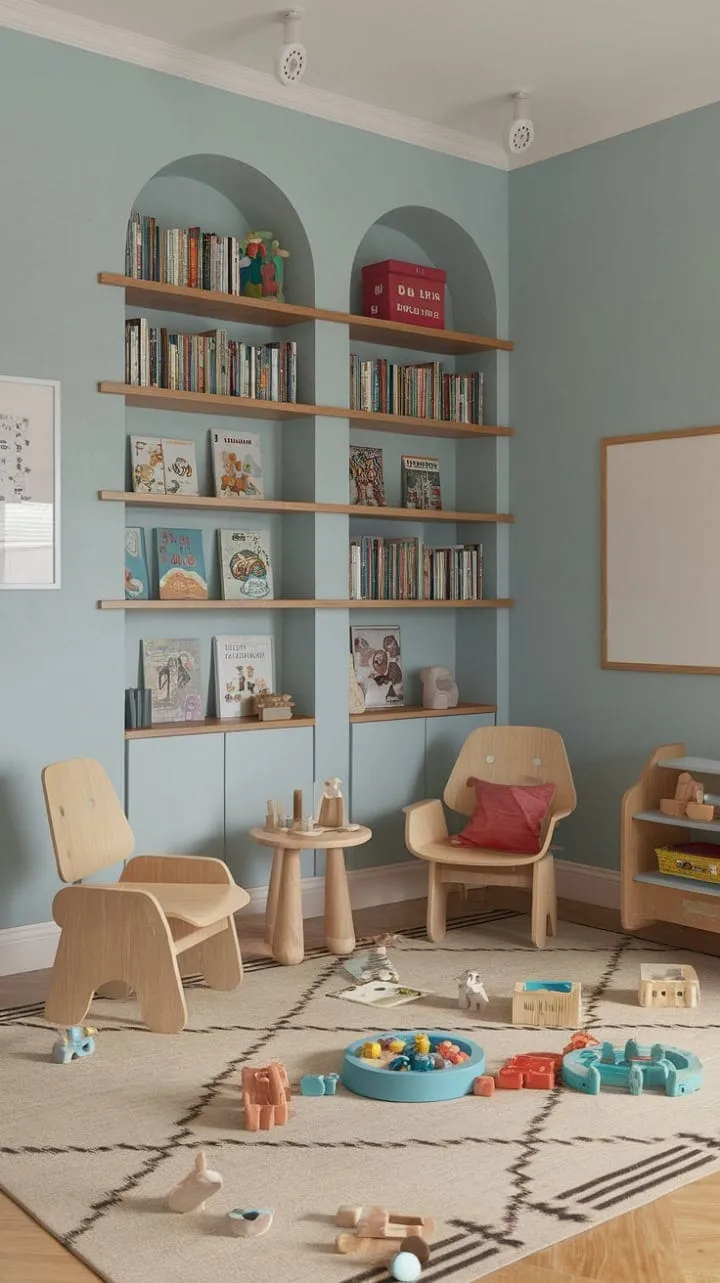 In a serene pastel blue playroom, creativity flourishes amidst vibrant bookshelves and a whiteboard, creating a magical space for children to explore and grow.