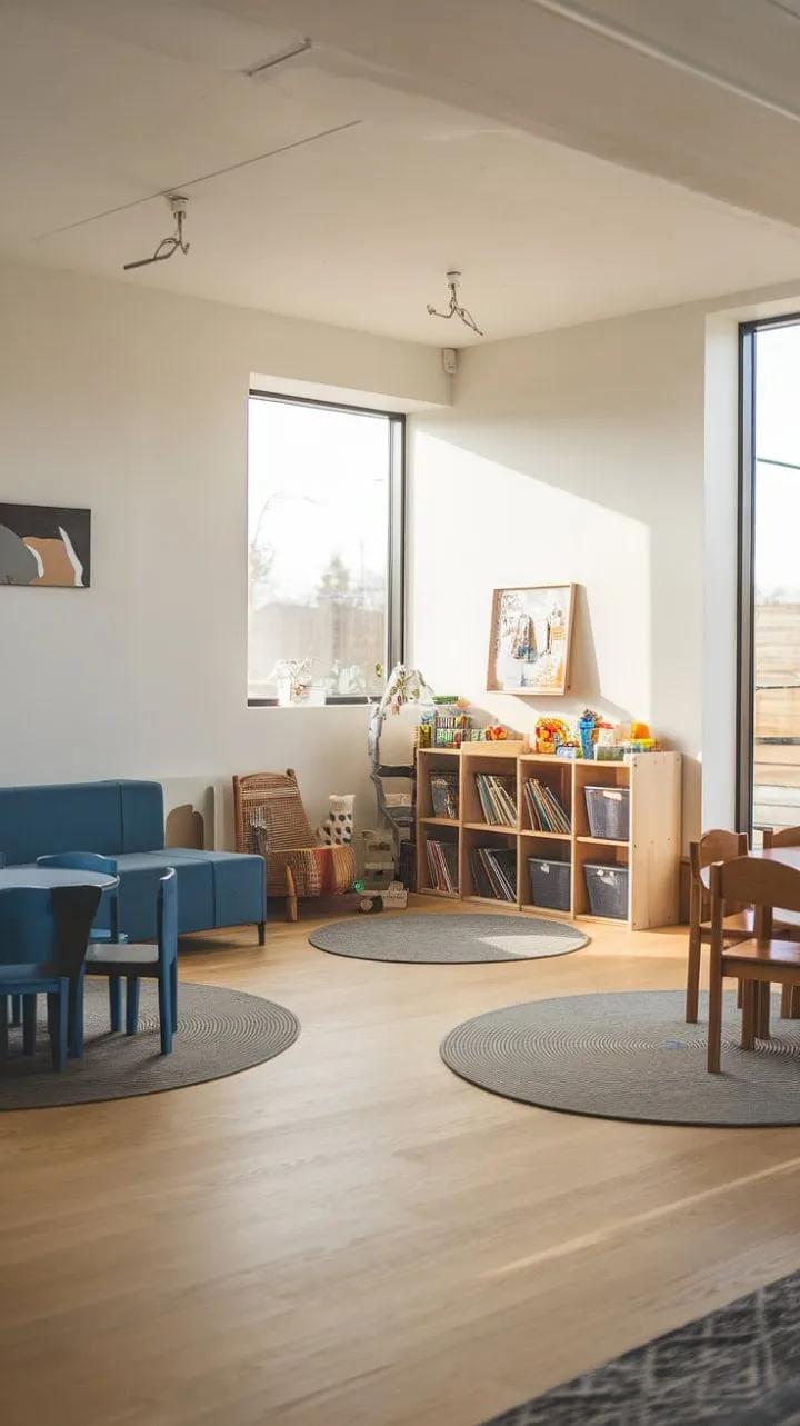 This cheerful living room masterfully blends family fun and relaxation, featuring a cozy nook filled with books and toys for kids to explore.