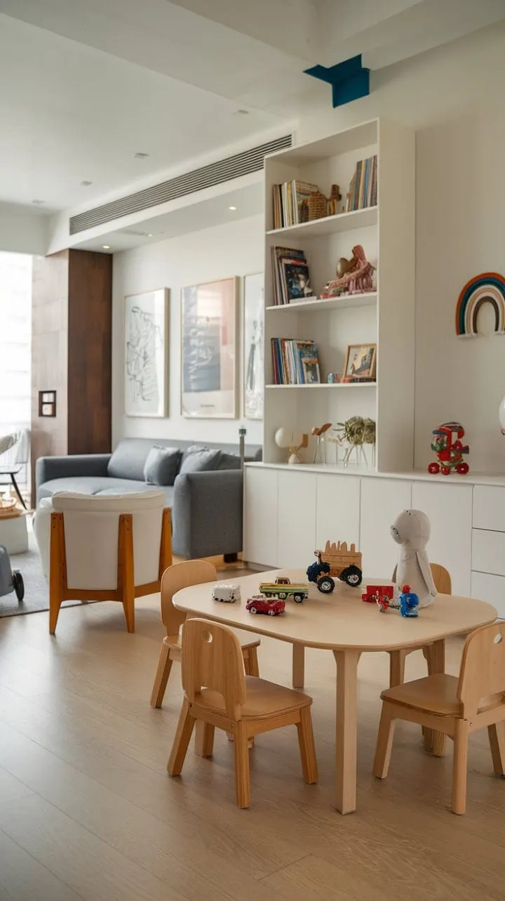 This modern family haven artfully blends comfort and creativity, harmonizing a chic living space with a playful play area that delights both children and parents.