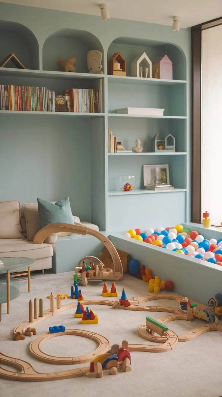 A bright blue modern playroom seamlessly blends family living space with engaging toys and ample natural light