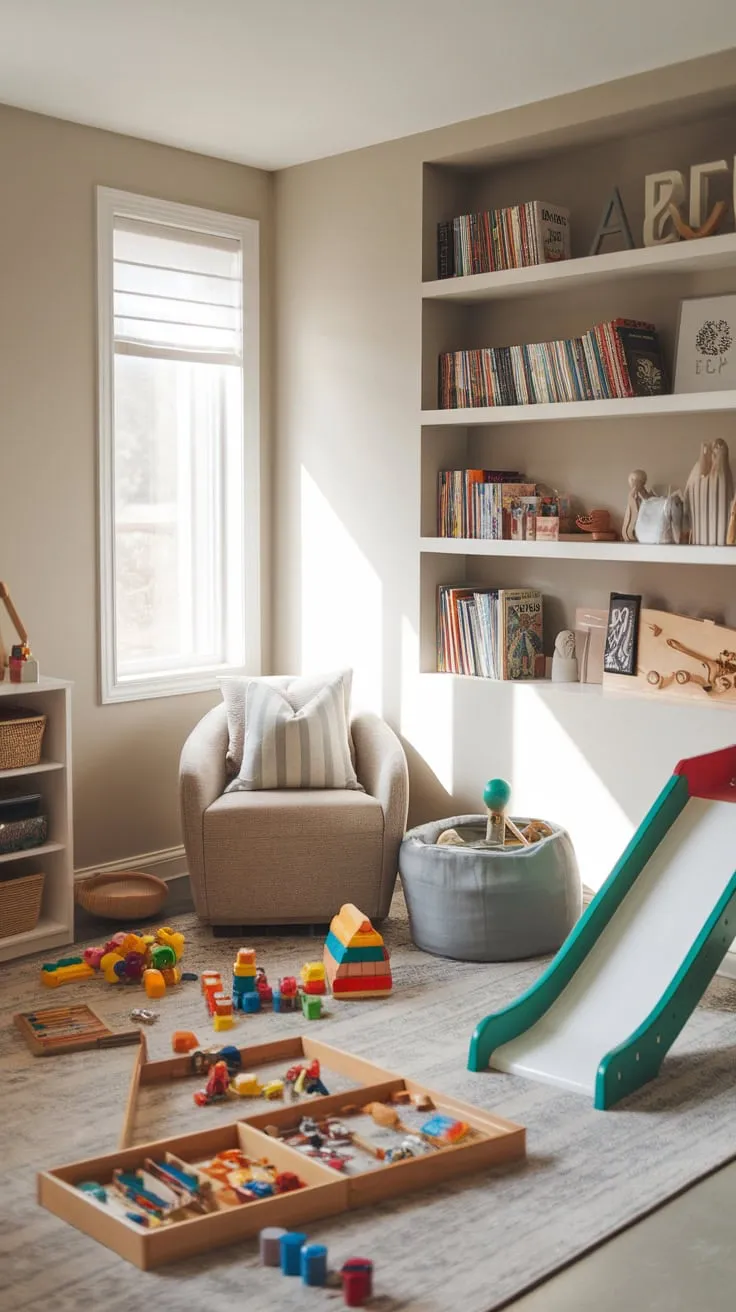 Modern design meets playful functionality in this light-filled playroom for children aged 5-8, complete with building blocks, puzzles, a slide, and a dedicated reading area.