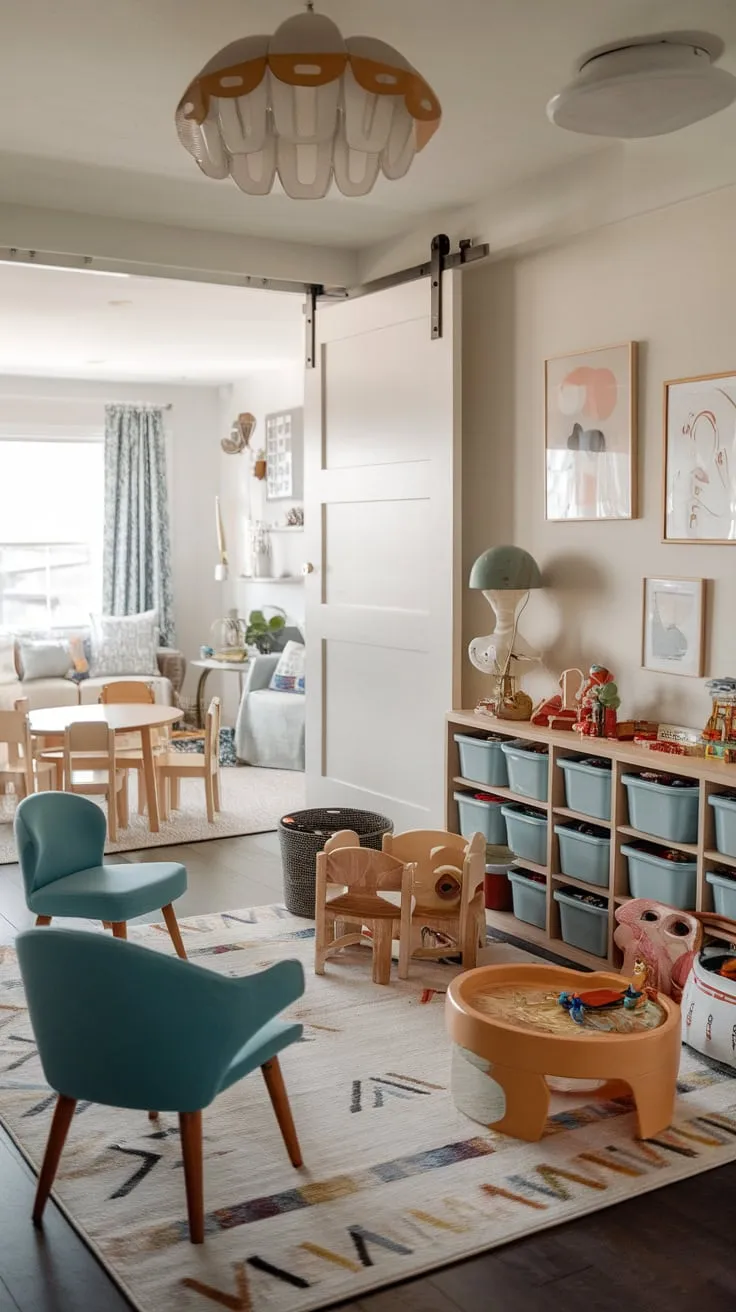 A bright modern playroom seamlessly blends family living with playful furniture and cheerful decor, creating a vibrant space for kids.