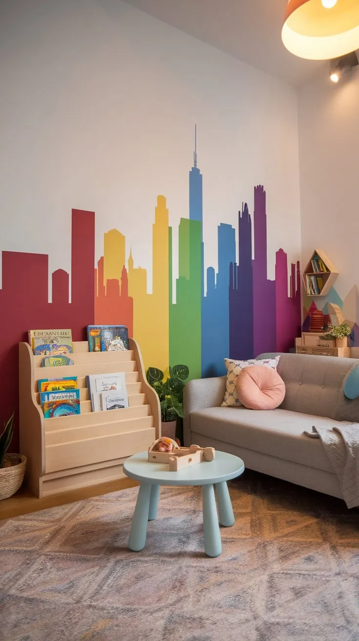 A modern kids' playroom seamlessly blends family living with a vibrant city mural, comfy seating, and playful accents.