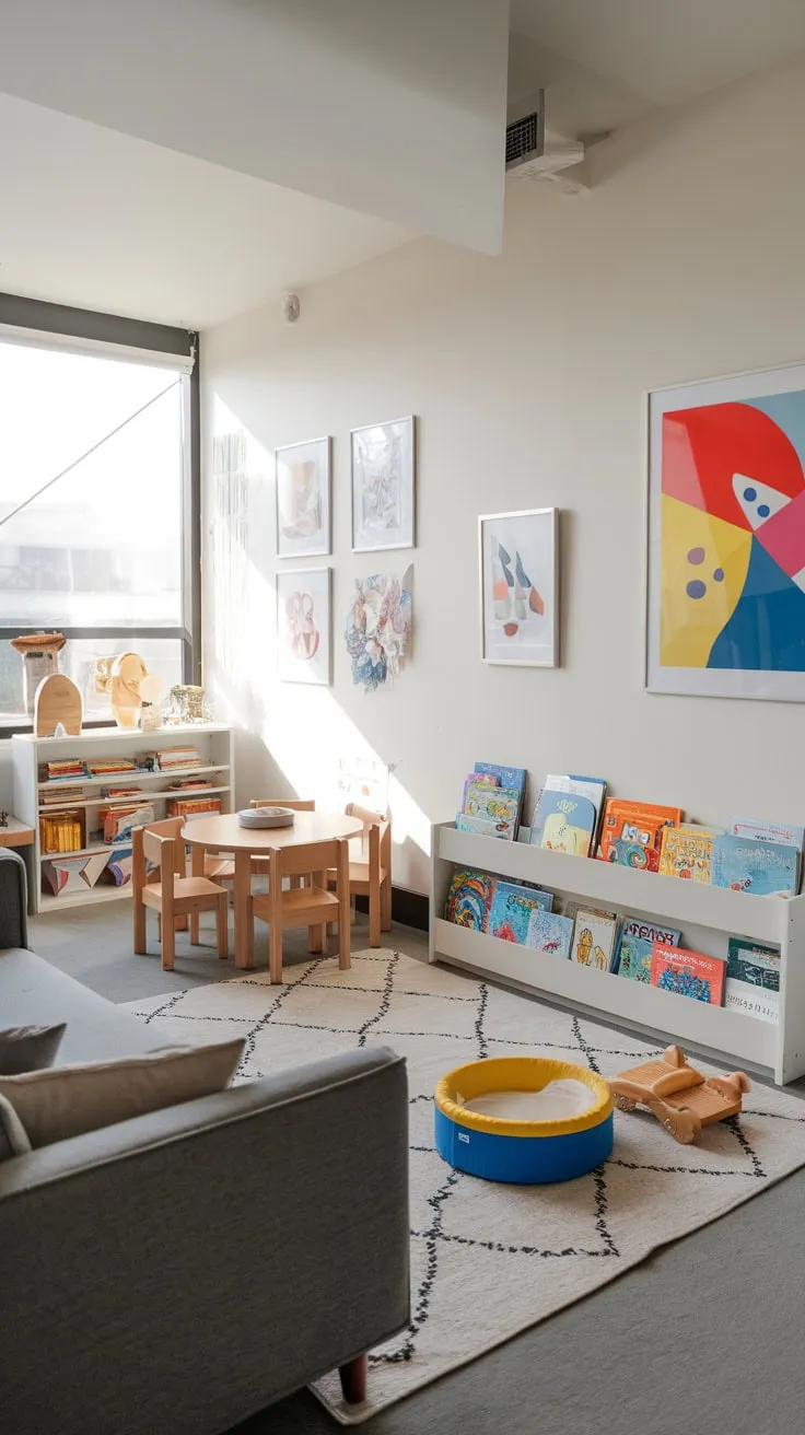 Natural light floods a stylish kids' playroom featuring a gray sofa, white bookshelf, and wooden table creating a fun yet sophisticated atmosphere.