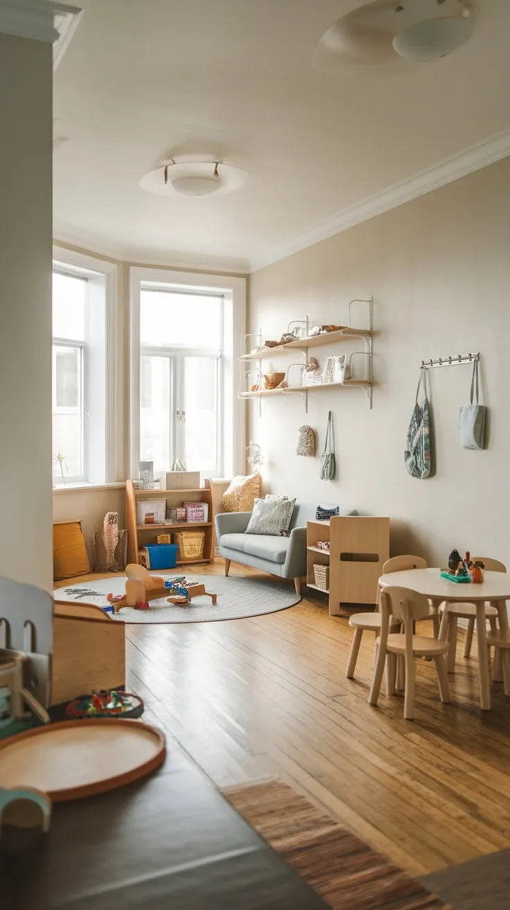 Natural light floods a stylish kids' playroom integrated into the family living area, offering both fun and functional family space.