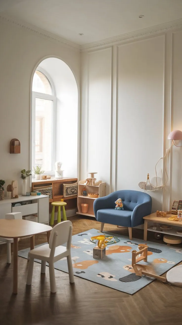 A sunlit modern playroom features comfortable furniture and scattered toys, creating a welcoming space for both play and relaxation.