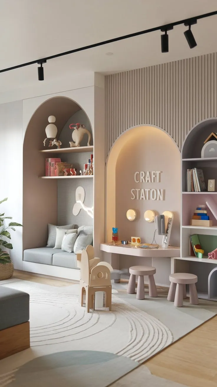This stylish combined living and playroom features educational and recreational toys within a light, modern design perfect for kids aged 5-8.