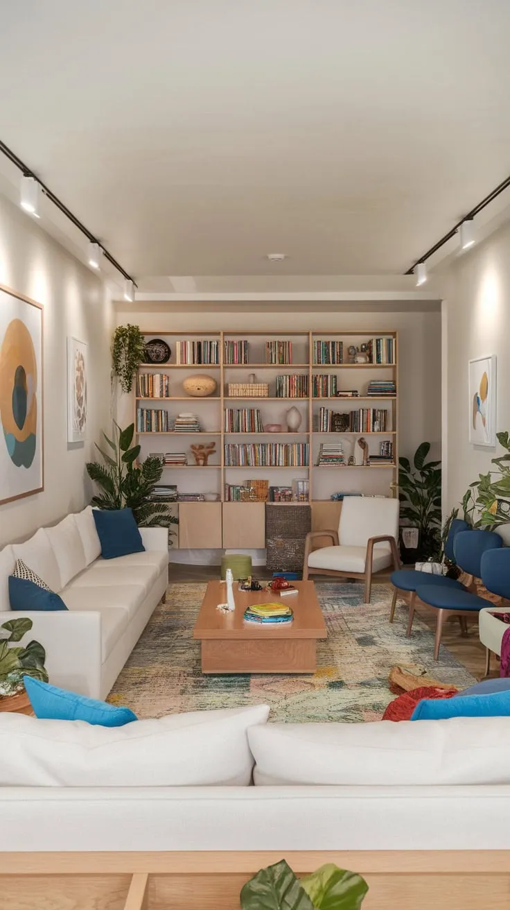 A bright, modern playroom seamlessly blends family living with clean lines, colorful accents, and functional storage for kids and adults alike