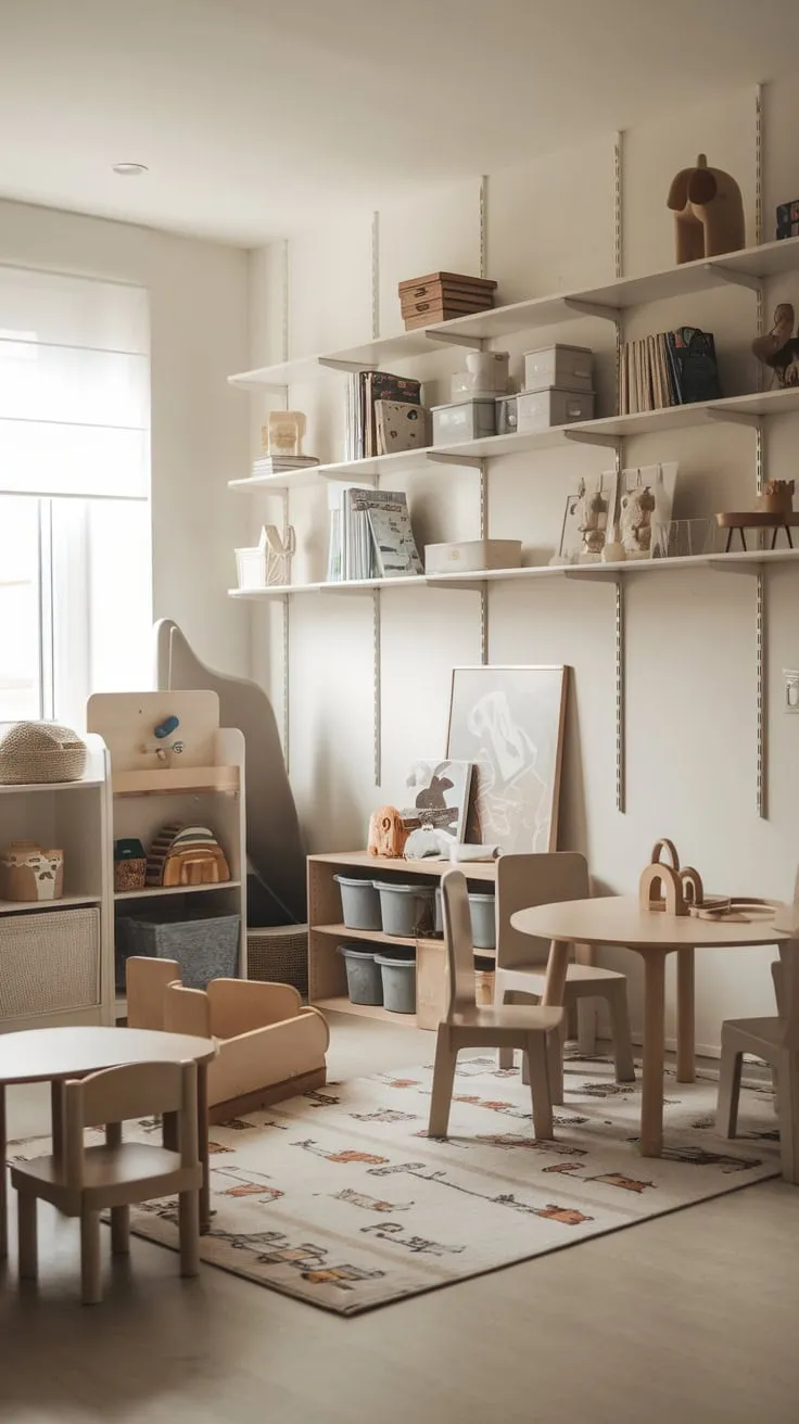 Neutral tones and smart storage create a calm yet engaging play area for young children within a shared family space.