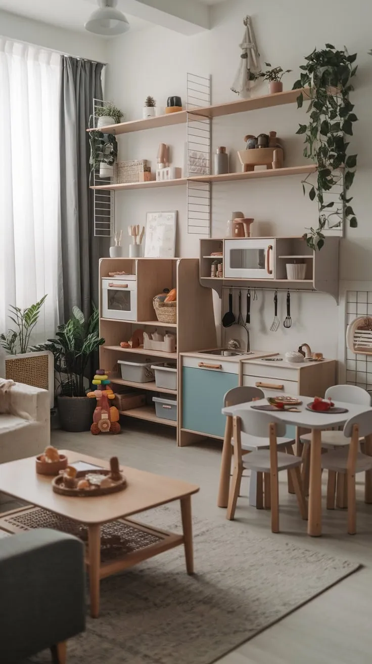 A stylish and functional playroom for 5-8 year olds seamlessly integrates a living area with dedicated play zones including a kitchenette and ample toy storage.