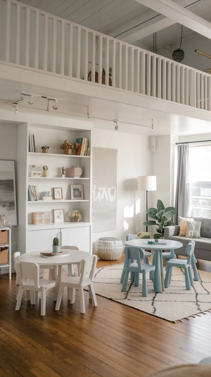 A bright modern playroom seamlessly blends family living with a white loft, comfy seating, and playful accents on a wood floor