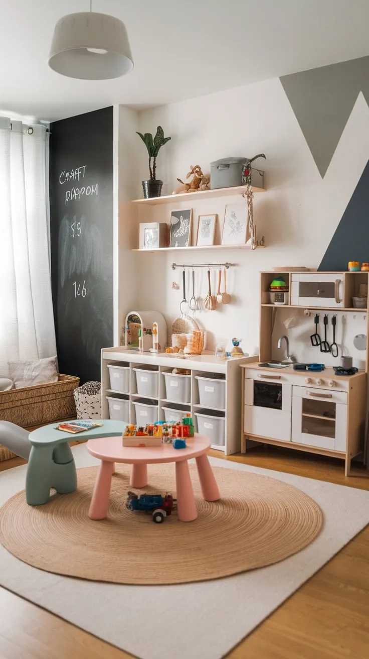 A modern playroom designed for 5-8 year olds seamlessly blends learning and play with dedicated zones for reading, crafting, building, and imaginative fun.