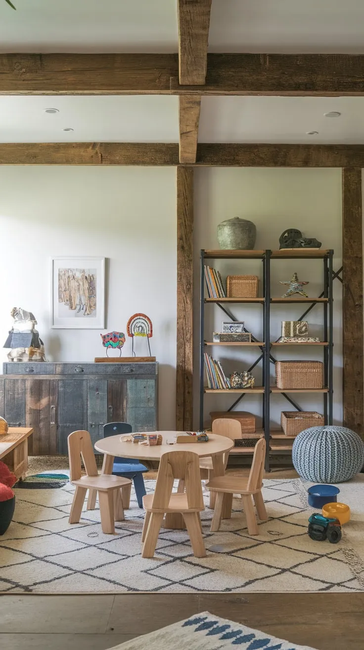 A rustic-modern kids' playroom blends wooden furniture and metal accents within a family living room, creating a charming and playful space.