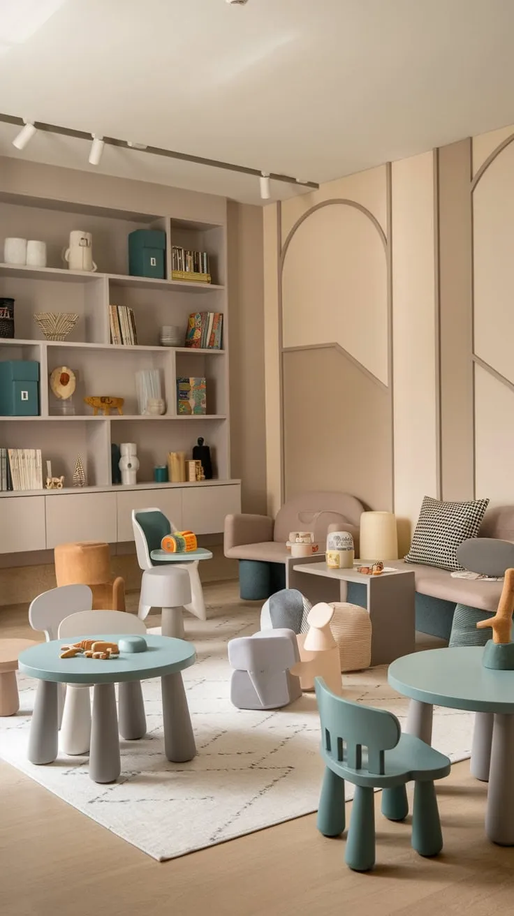 A stylish beige and grey playroom seamlessly blends modern furniture with playful geometric patterns and a family-friendly living space