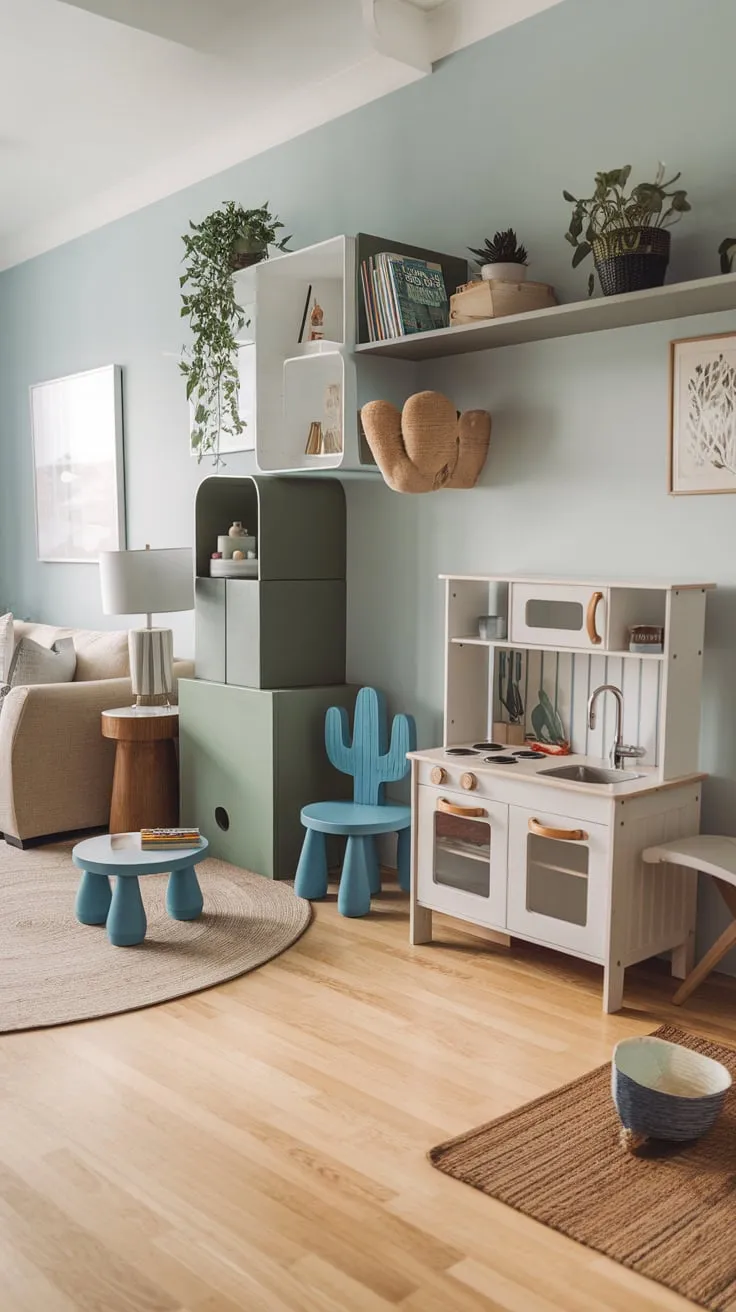 A light-filled modern playroom seamlessly blends a white play kitchen, vibrant accents, and playful storage with a calming family living space.