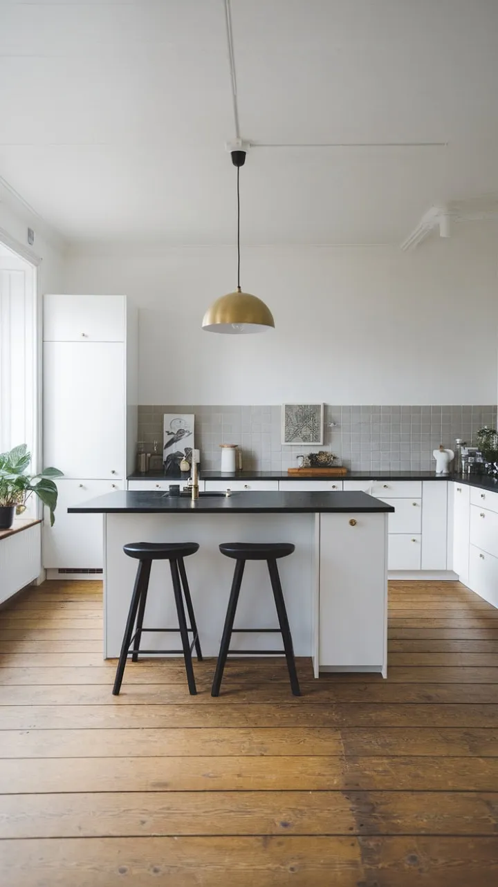This minimalist kitchen masterfully combines sleek lines and a sophisticated palette, featuring a striking black island, crisp white cabinetry, and a warm gold pendant light, all enhanced by a touch of greenery.