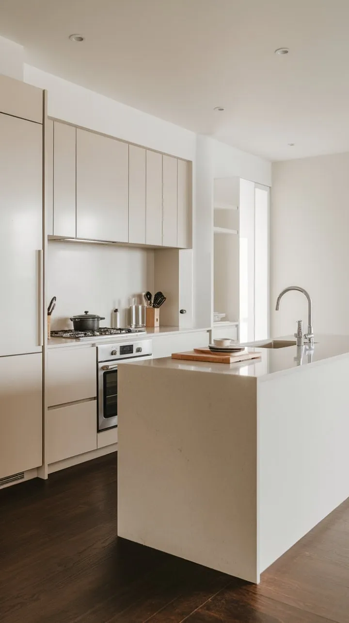 This minimalist kitchen harmoniously combines clean lines and crisp white cabinets with a warm dark wood floor, creating a sophisticated culinary haven.