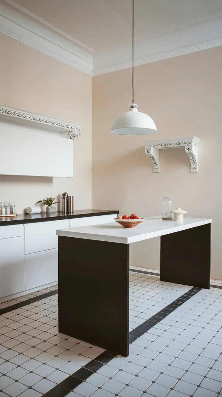 In this modern kitchen, the striking interplay of black and white fosters a serene yet dynamic ambiance, with a sleek island illuminated by a solitary pendant as its captivating centerpiece.