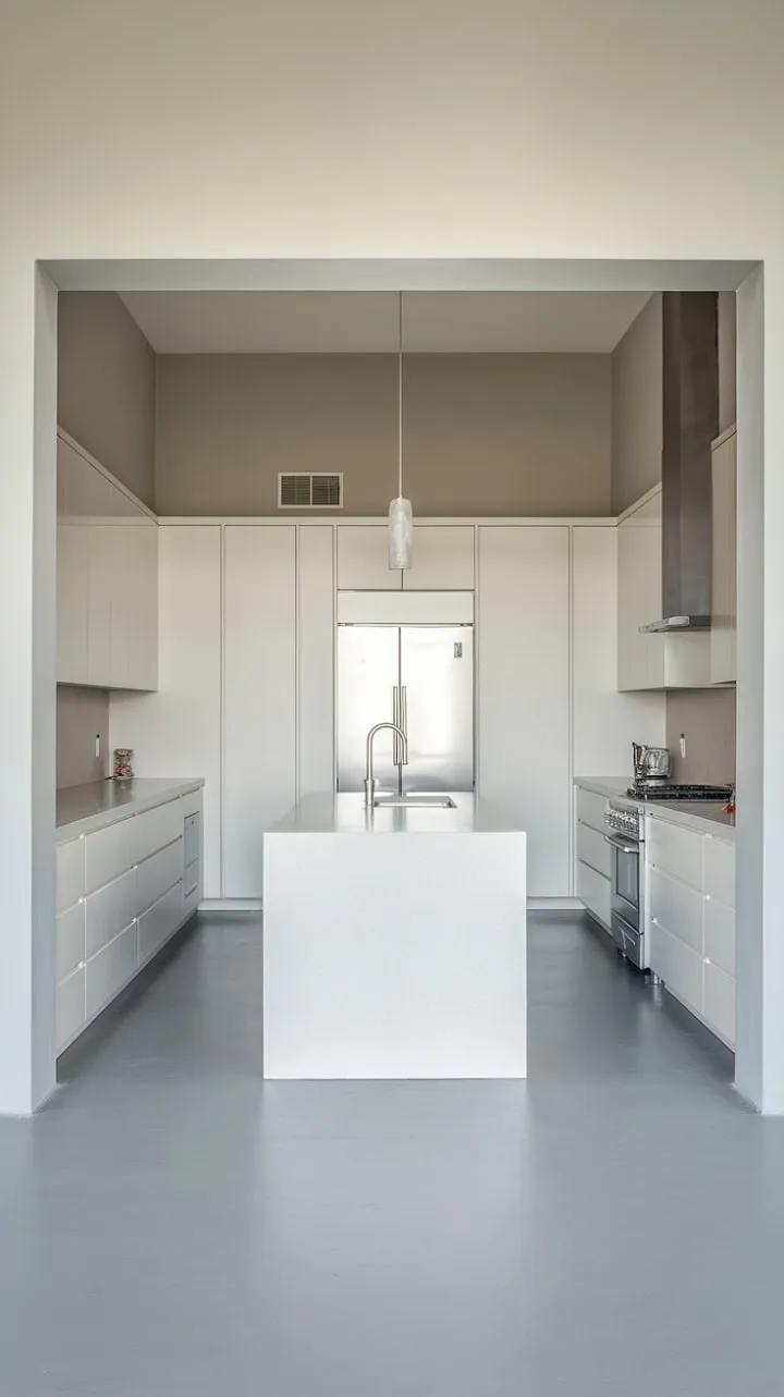 This sleek, minimalist kitchen redefines the heart of the home with its functional island and tranquil grey tones, blending cooking and casual dining seamlessly.
