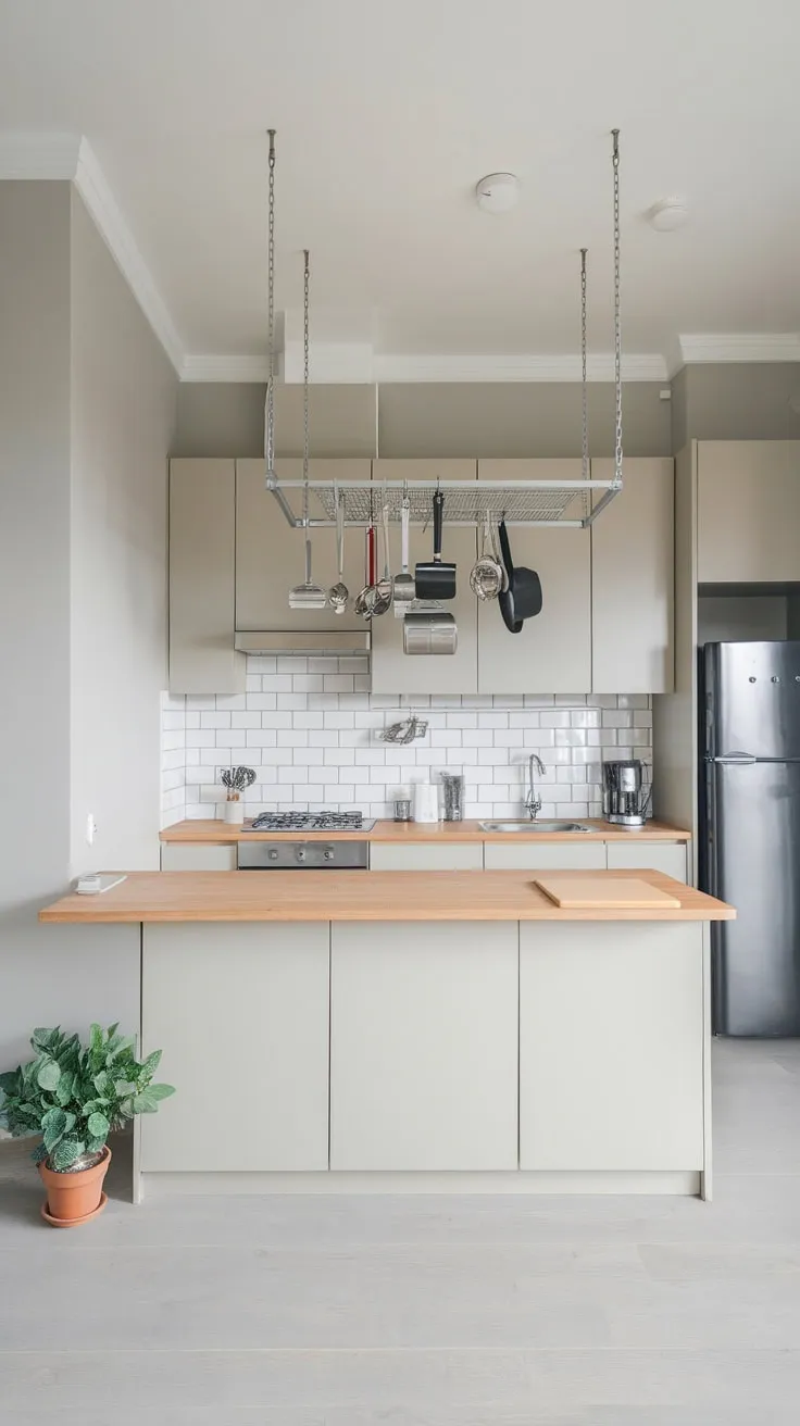 A sleek gray kitchen's minimalist design is anchored by a large wooden island featuring a pot rack and essential appliances
