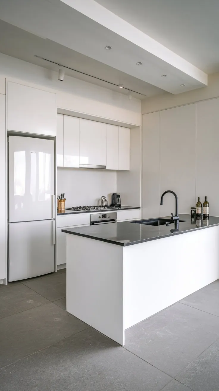 A minimalist kitchen's focal point is its striking black-topped island, contrasting beautifully with white cabinetry and grey tile.