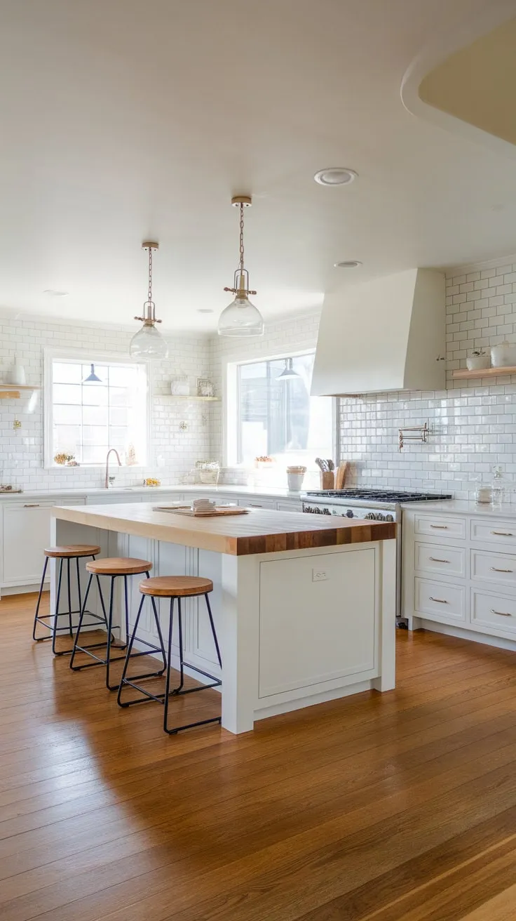 A sleek modern kitchen boasts a large butcher block island, complemented by white cabinetry, grey tile, and hardwood floors.