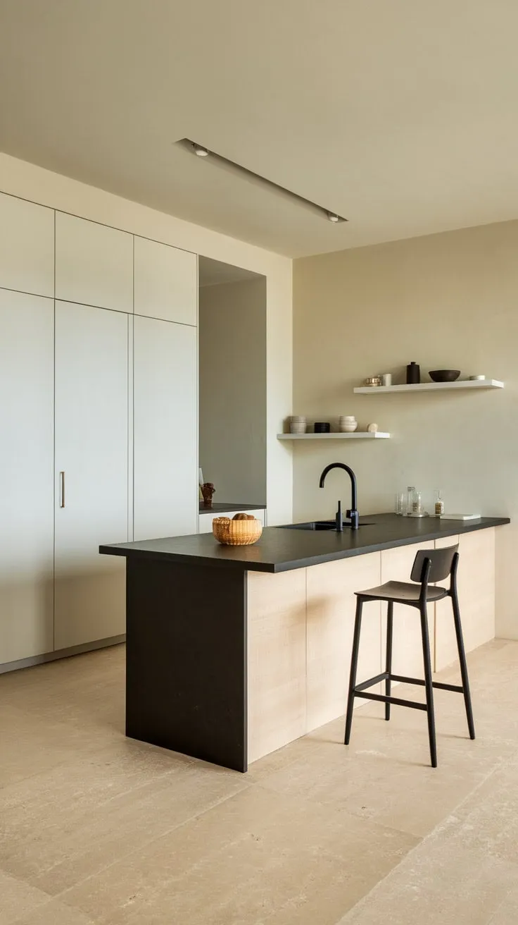 Sleek black and white contrasts define this modern kitchen's minimalist island