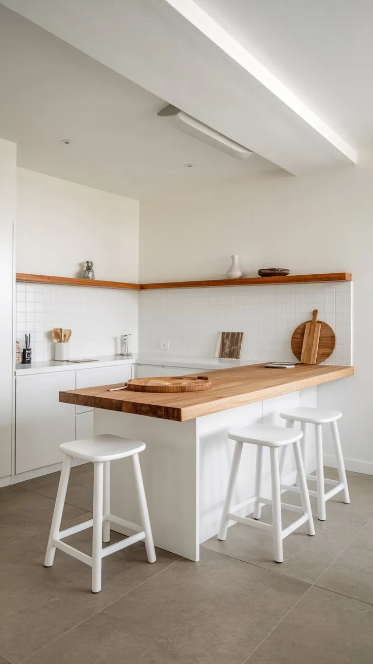 Clean white cabinetry and grey tile flooring highlight a modern kitchen island topped with inviting wood.