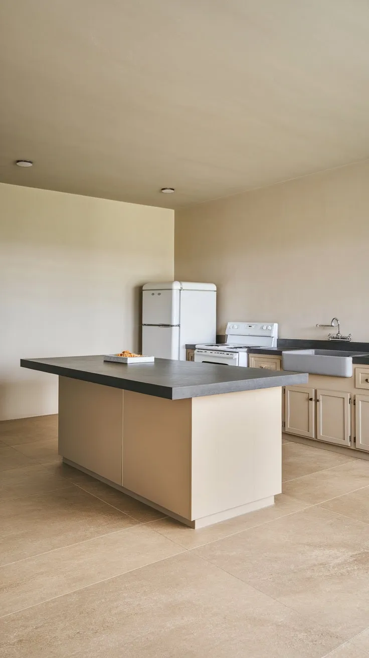 A sleek dark-grey countertop anchors a beige and grey minimalist kitchen, its large island a focal point of modern design