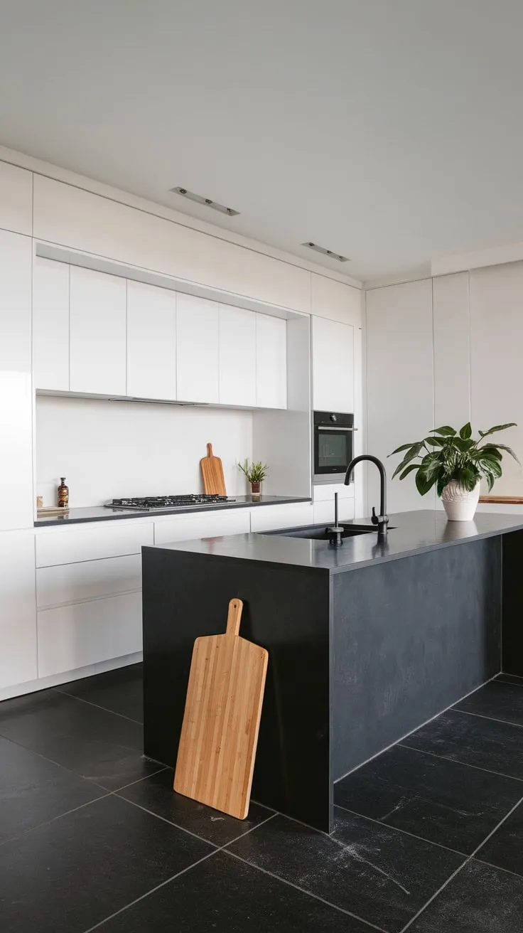 Sleek black and white cabinetry highlights a modern kitchen island, anchored by a stainless steel sink and complemented by dark gray tiles.