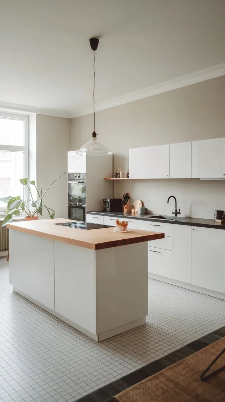 A sleek modern kitchen's focal point is a lower wooden island topped with black countertops, illuminated by a pendant light.
