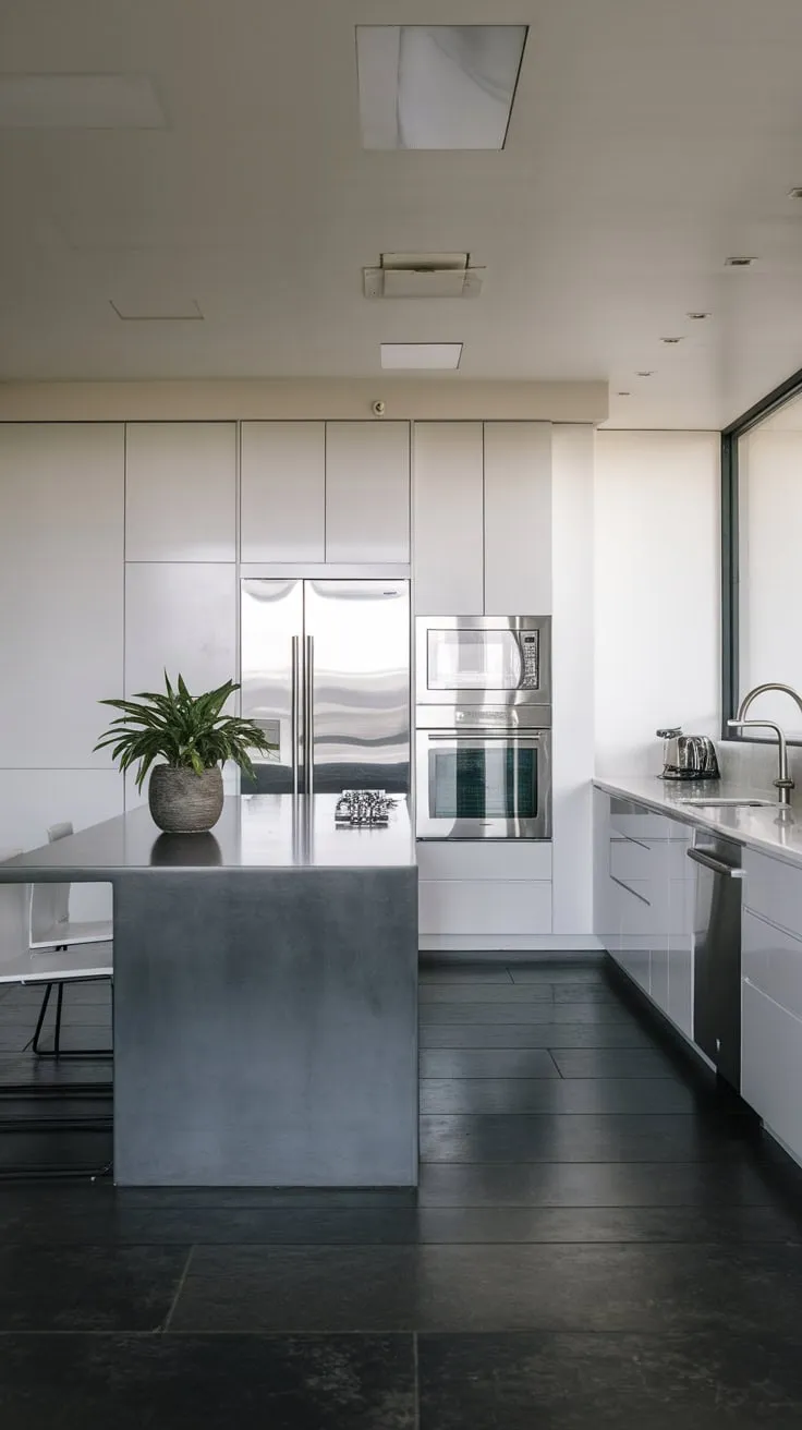 Sleek dark gray kitchen island anchors a bright minimalist kitchen with stainless steel appliances and natural light