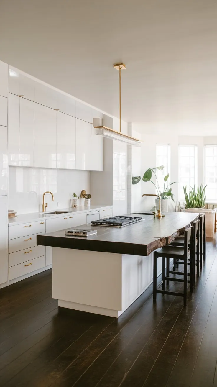 A sleek white kitchen's dark wood island, complete with stove, sink, and seating, anchors the minimalist space with golden accents and potted plants.