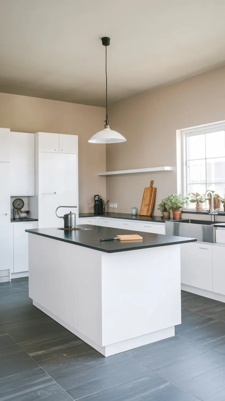 A modern kitchen island, featuring a black countertop and stainless steel sink, becomes a stylish focal point in a neutral-toned space.