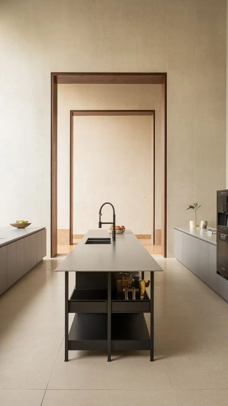 Sleek black cabinetry and a white countertop define the minimalist kitchen island, a focal point against beige tiles and a wood-framed opening.