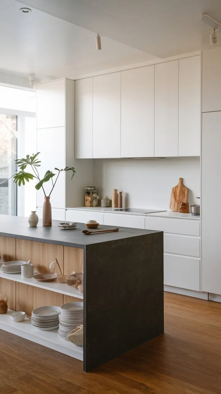 In this sunlit minimalist kitchen, a sleek grey island and vibrant plant harmoniously embody the art of simple, stylish living.