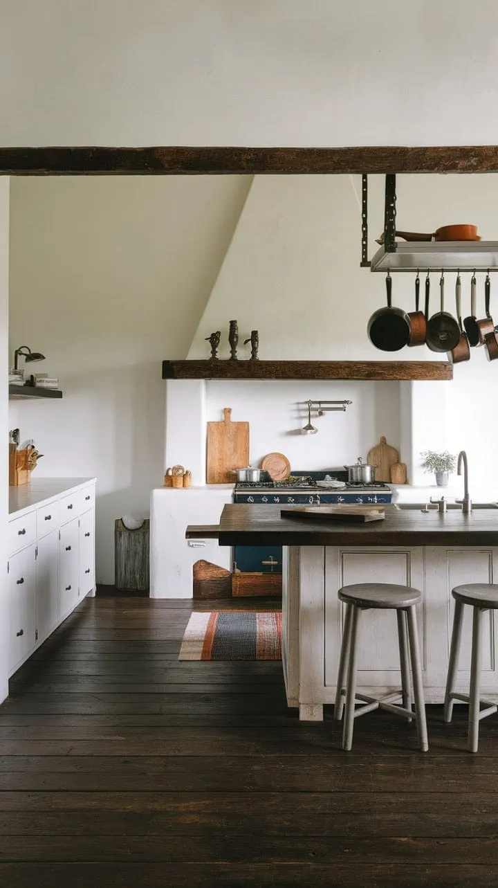 This minimalist kitchen harmoniously fuses rustic charm and modern design, featuring a striking dark wood island that anchors the sleek white cabinetry and curated cookware.
