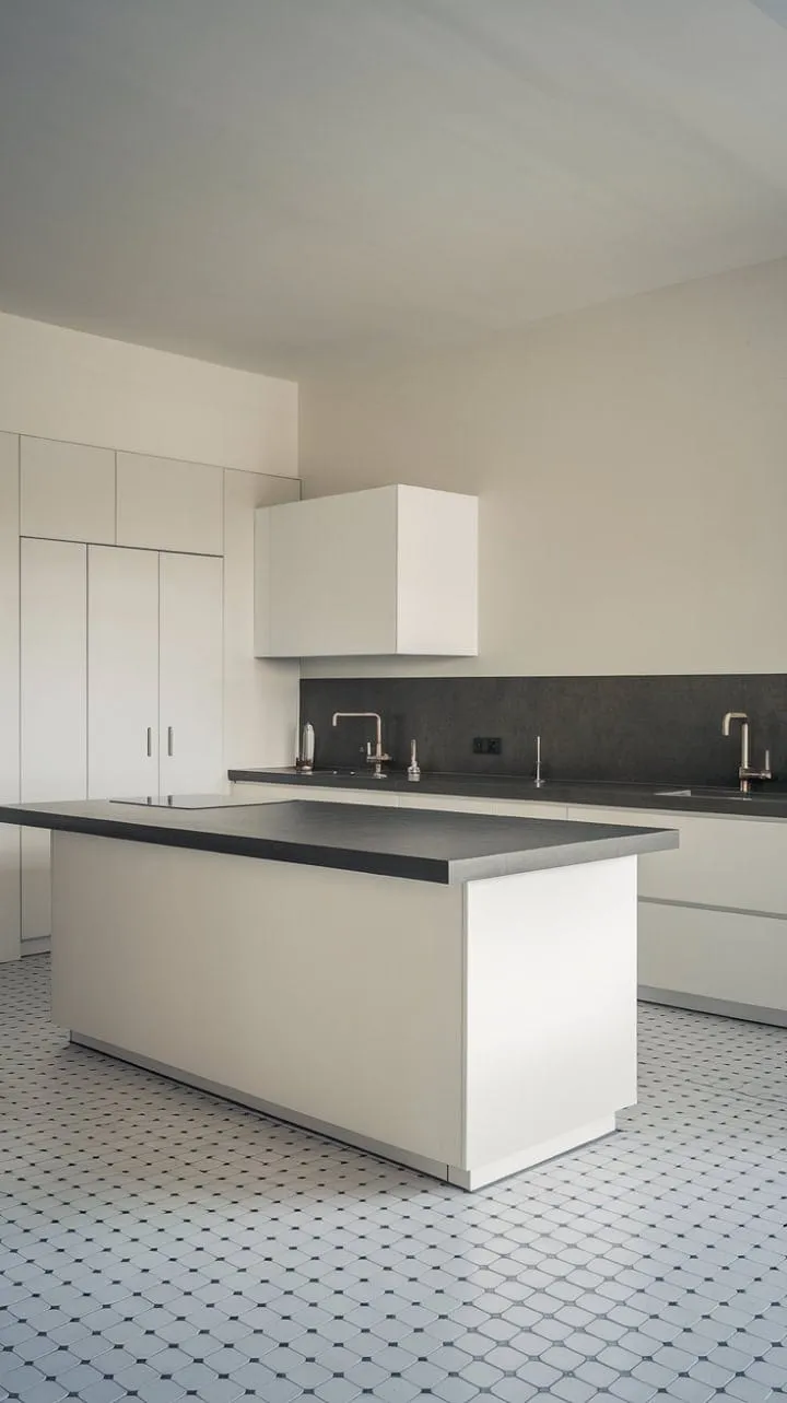 This minimalist kitchen masterfully combines clean lines and calming tones with graphic elements, creating an inviting space that balances elegance and functionality.