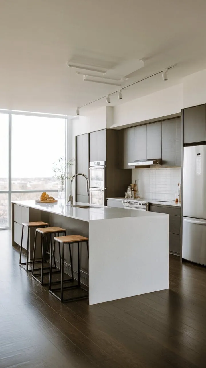 This minimalist kitchen, featuring clean lines and dark wood floors, harmoniously blends sophistication and functionality with its expansive island, making it a stylish hub for cooking and socializing.