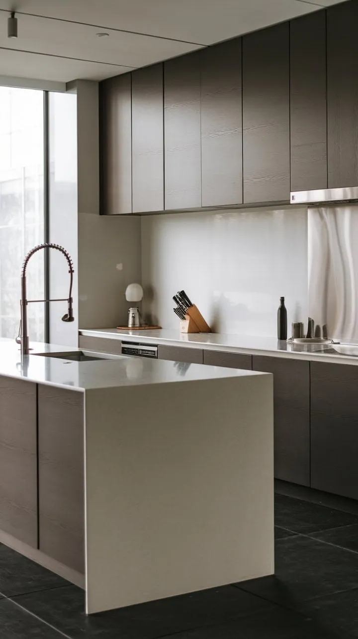 This modern kitchen blends minimalist design with industrial chic, featuring clean lines, dark cabinetry, and a bright white countertop that invites culinary creativity.