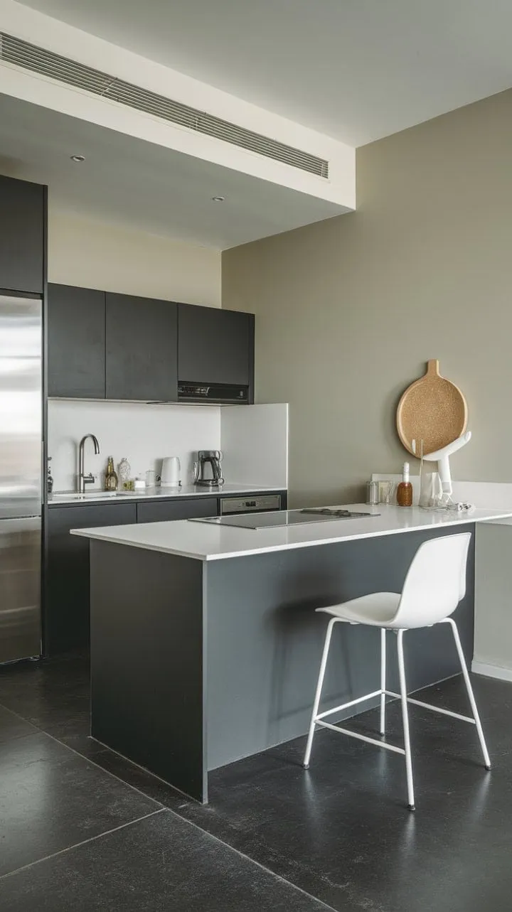 This striking modern kitchen harmoniously blends dark and light elements, creating an inviting sanctuary for culinary creativity.