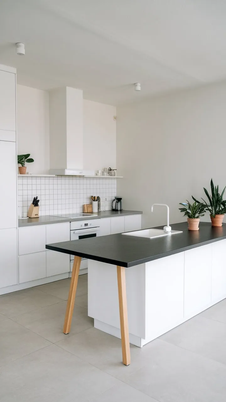 This minimalist kitchen blends clean lines and calming tones with sophisticated contrasts and natural warmth, creating a serene sanctuary of understated elegance.