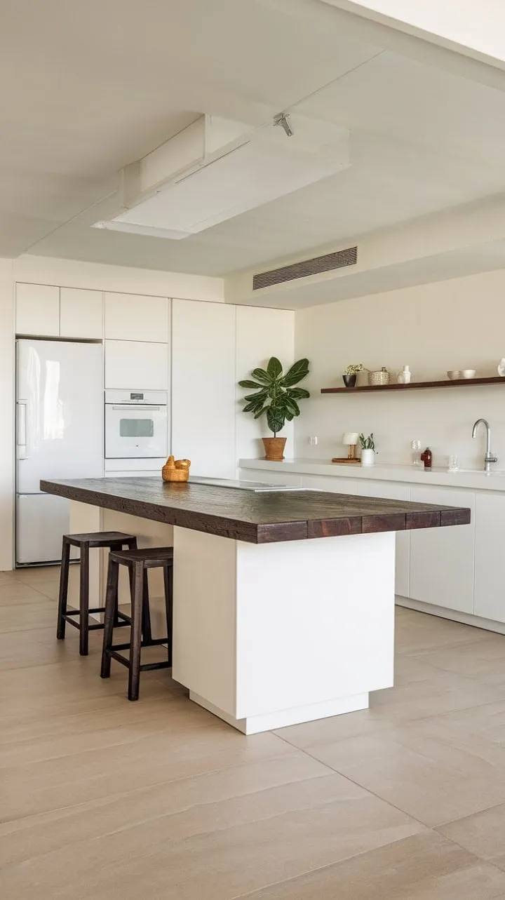This minimalist kitchen blends clean lines, warm wood, and vibrant greenery to create a serene haven for culinary creativity and effortless entertaining.