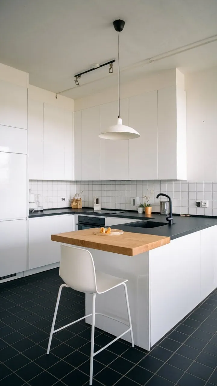 This modern kitchen sanctuary, with its striking black and white tiles and warm wooden island, beautifully embodies the art of simplicity and togetherness.
