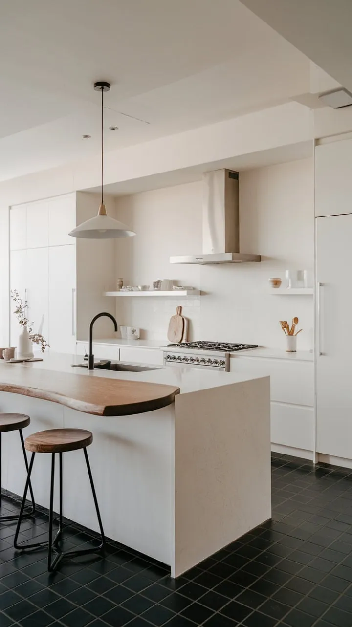 This kitchen masterfully blends modern minimalism with sophistication, featuring bright white elements and striking black accents for an effortlessly elegant ambiance.