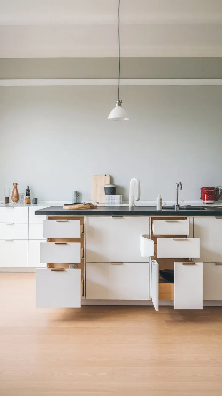 Bathed in natural light, this minimalist kitchen harmoniously blends warm wood, crisp white cabinetry, and a bold black island countertop, creating a serene yet sophisticated culinary haven.